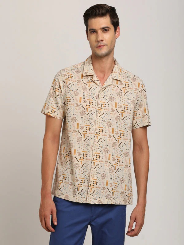 Indian Terrain Men's Slim Fit Half Sleeve All Over Print Beige Shirt